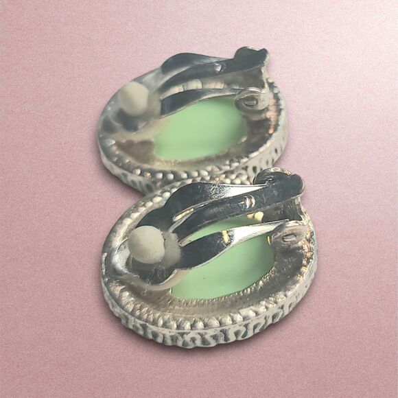 VTG Signed MJ Marie Jennifer Silver Tone Green Stone Pendant Necklace Earrings - Picture 8 of 12